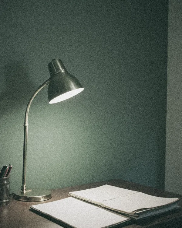 Lámpara de escritorio encendida junto a una pared verde oscura y una pila de carpetas en sombra