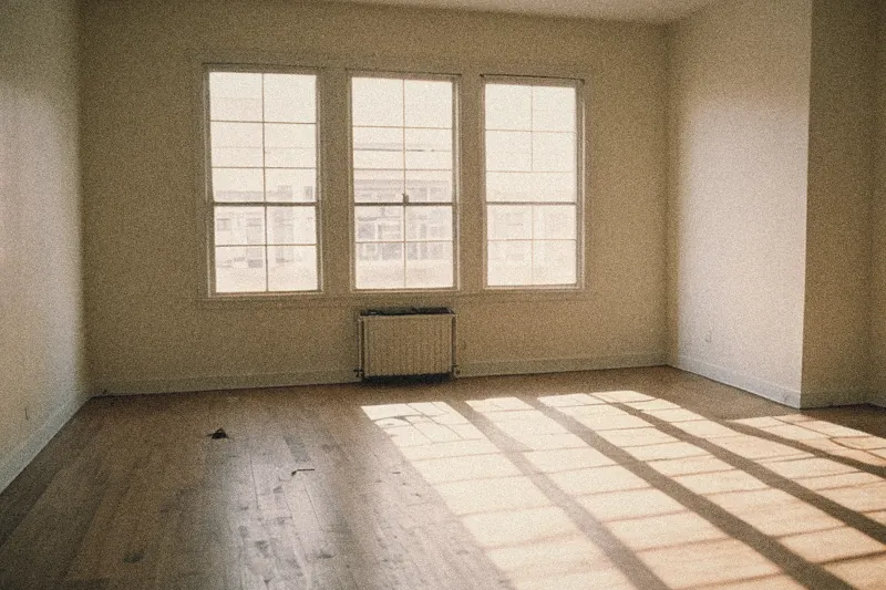 Salón vacío con suelo de madera, cajas de cartón y un plano enrollado en el suelo; sol de tarde por los ventanales