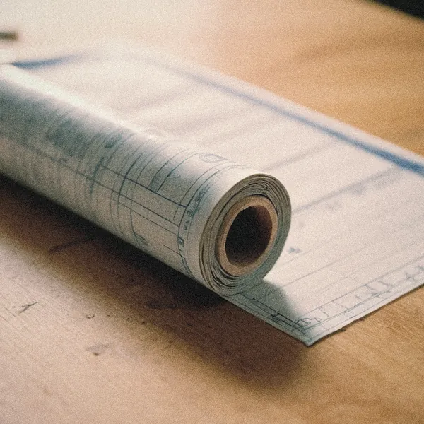 Plano enrollado y atado con cordel sobre una mesa de madera, con un lápiz
