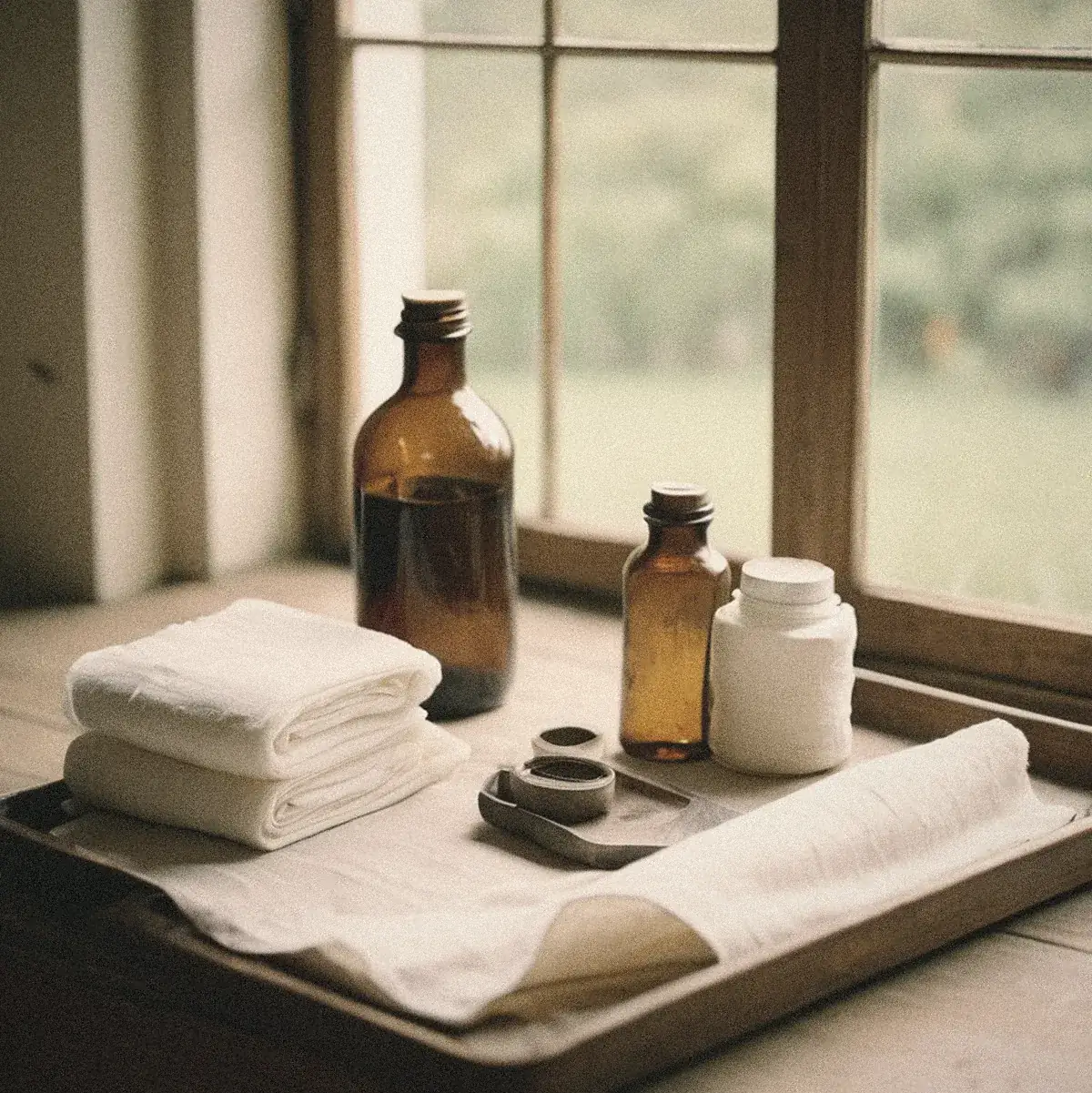 Gasas, frascos ámbar y una bandeja sobre una mesa de madera junto a la ventana (imagen generada con IA)