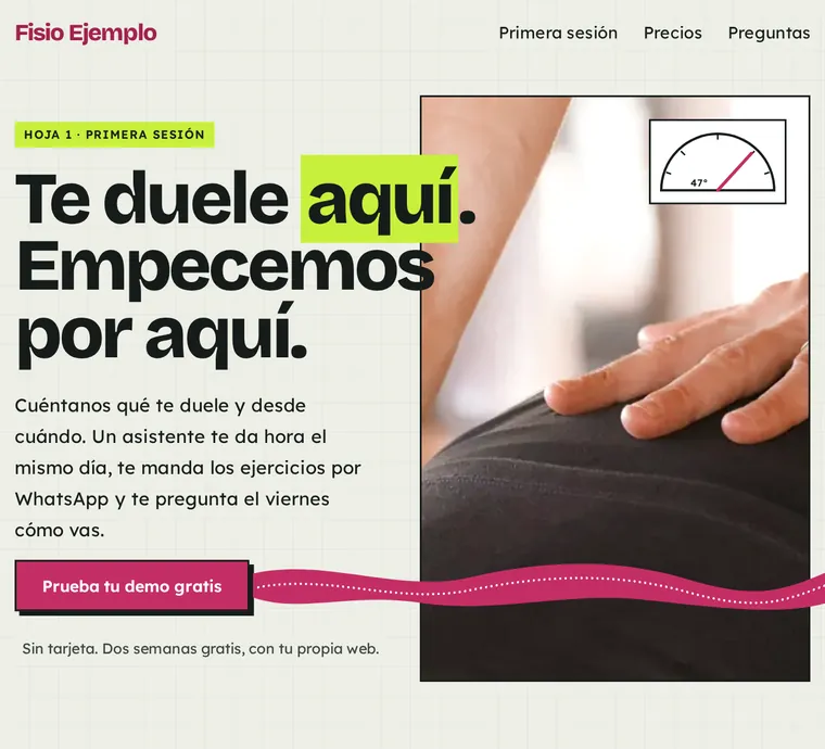 Primera pantalla de la web de ejemplo para fisioterapia: hoja cuadriculada, titular grueso con una palabra marcada en lima y una mano sobre la espalda.