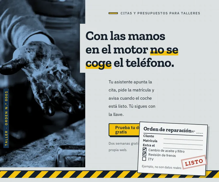Primera pantalla de la web de ejemplo para talleres: manos manchadas de grasa en azul, titular con marcador amarillo y una orden de reparación.